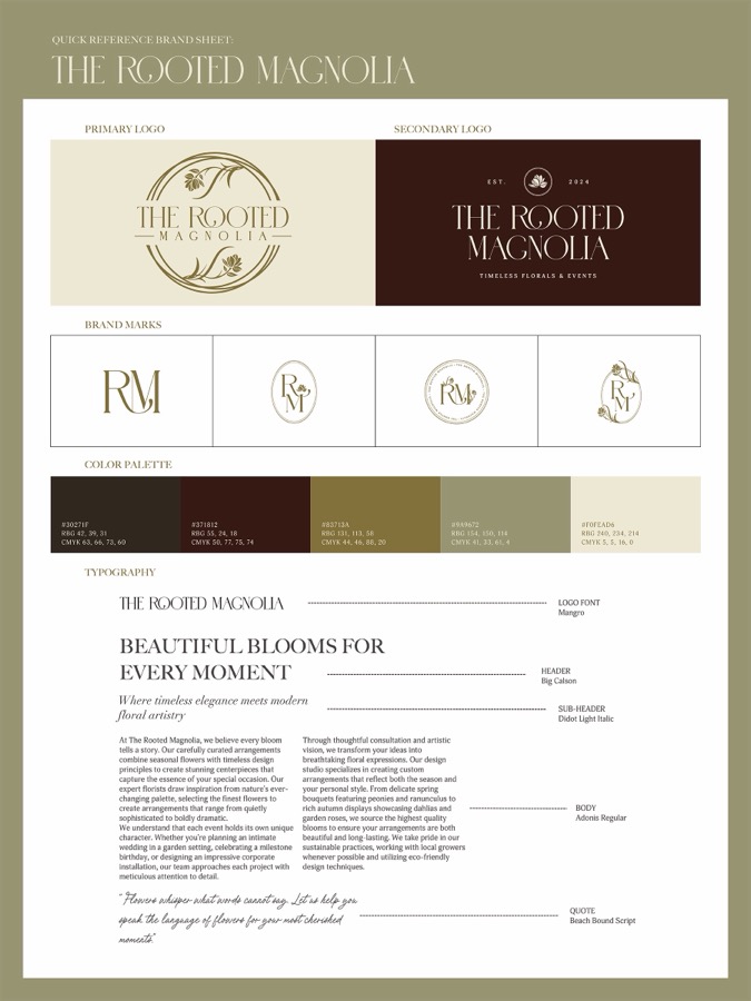 Brand identity reference sheet for The Rooted Magnolia showing logo variations, color palette, and typography